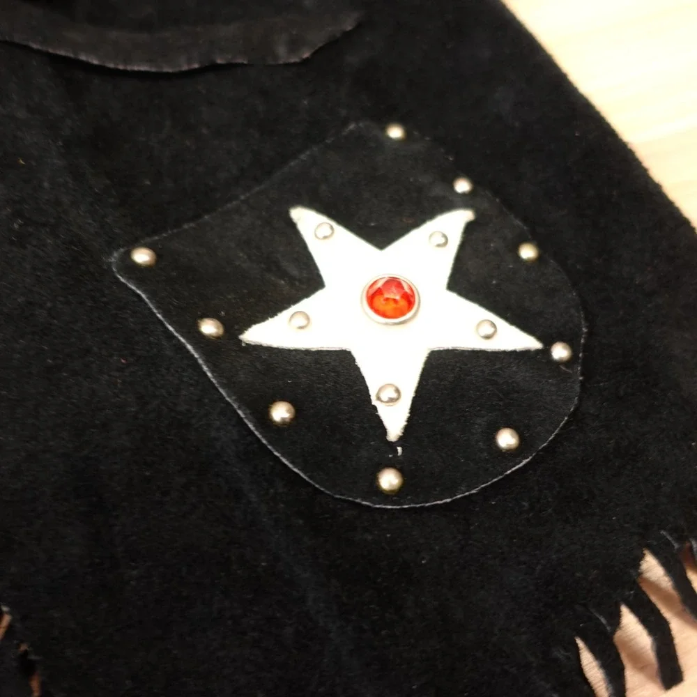 Vintage Cowboy‎ Vest Chaps Set Boys M Black Suede Studded Fringe Halloween USA